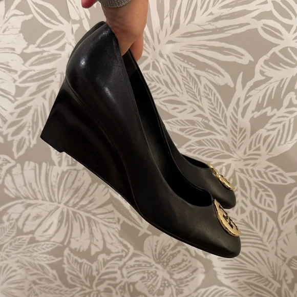 Tory Burch Black Wedges with Gold Logo - Picture 5 of 5